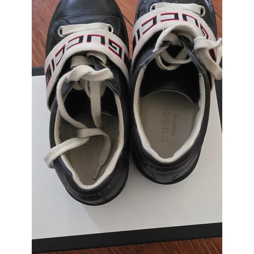 Gucci Ace Black Leather Logo Elastic Strap Sneakers Low Top Shoes‎ 523469